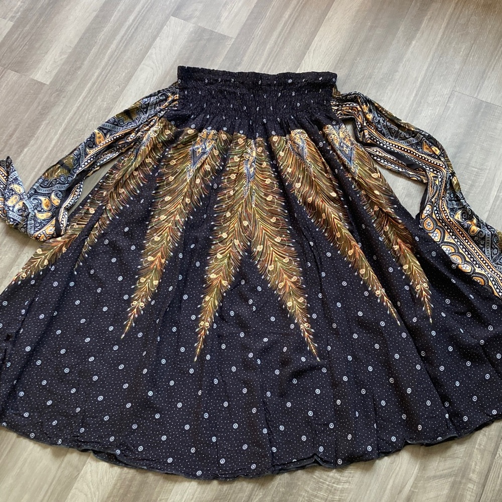 Happy Trunks Smocked Peacock Feather Self Tie Maxi Skirt Boho Global sz 3XL - Picture 6 of 8